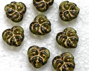 Maple Leaf Glass Beads with 2 double holes, Olive Green Leaves with Gold Accent, 24 Czech Beads