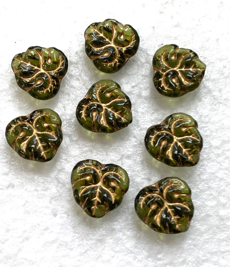 Maple Leaf Glass Beads with 2 double holes, Olive Green Leaves with Gold Accent, 24 Czech Beads image 1