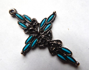 Vintage Cross Pendant Turquoise Silver Metal Filigree 1960s