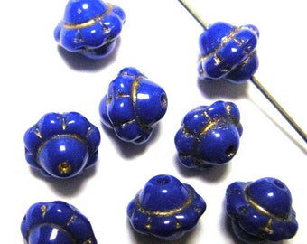 12 Vintage Glass Beads in  Rich Cobalt Blue with Gold,  Buy More and Save,
