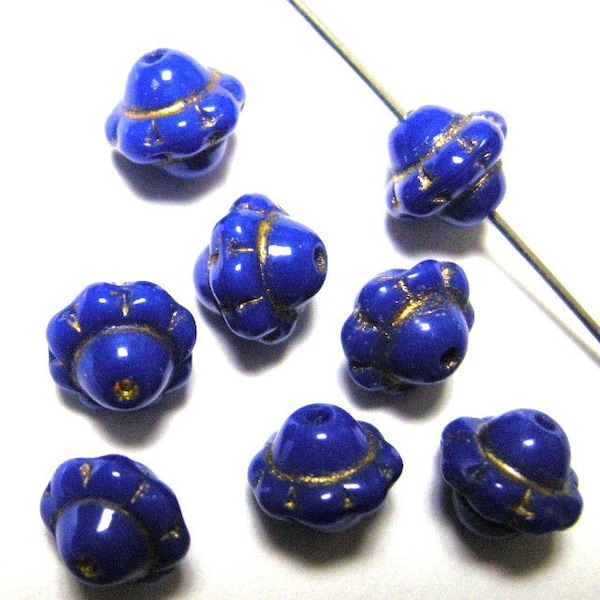 12 Vintage Glass Beads in  Rich Cobalt Blue with Gold,  Buy More and Save,