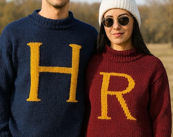 Weasley Christmas Sweater, Personalized Wool Blend Sweater: Custom Letter Monogram, Handcrafted Gift, Hogwarts Sweater