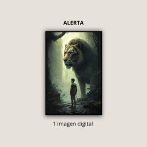 Puede incluir: Una persona joven se encuentra en un bosque brumoso, mirando hacia arriba a un gran tigre rayado. El tigre está de pie en un camino, rodeado de exuberante vegetación verde.