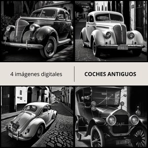 Juego de 4 piezas de arte mural, arte mural sobre coches, impresiones artísticas vintage, descarga instantánea, cuadros Jpeg, blanco y negro