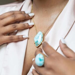 Larimar Stone Oddly Shaped Necklace, Larimar Necklace, Classic Natural Larimar Necklace in 925 Silver Plated in Gold, Dominican Larimar, Amb