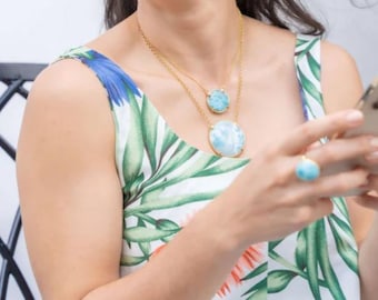 Larimar Necklace: Round Dominican Stone, Gold-Plated 925 Silver