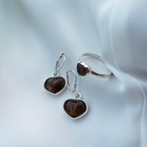 Amber Set of Earrings and Rings, Amber Rings, Gift Amber, Amber Jewelry, Best Gift for Her, Heart Earrings Silver,Earrings Amber Small Heart