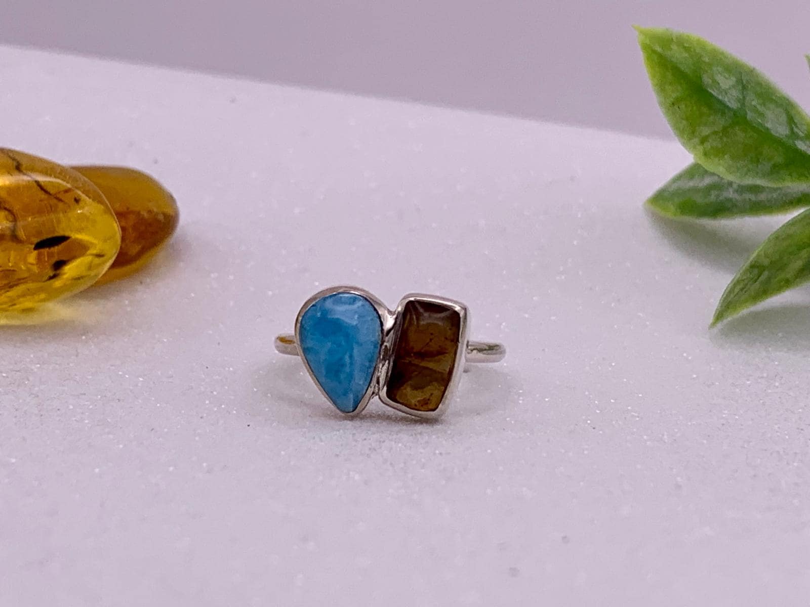 Larimar Amber Ring 925 Sterling Silver * Handmade Dominican Republic Caribbean Gemstone Set * Gift for Her * Genuine Natural Stones