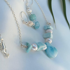 Larimar and Pearl Necklace Set: Sterling Silver Caribbean Jewelry