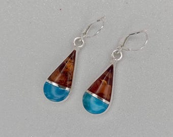 Larimar Amber sterlingzilveren druppeloorbellen, handgemaakte Dominicaanse Republiek, cadeau voor haar, hangoorbellen, edelsteensieraden