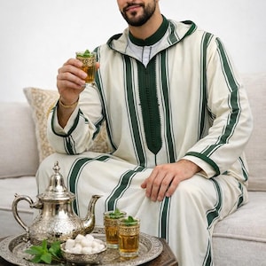 Moroccan Djellaba Men White Green | Handmade Hooded Thobe | Traditional Eid Outfit