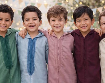男の子用モロッコウールジャラバ、フード付きキッズカフタン、イード衣装男の子用、伝統的なイスラム衣装、2～12歳、すぐに発送