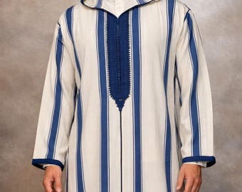 Moroccan Djellaba Men White Blue | Traditional Kaftan Robe | Eid 2026 Outfit | Islamic Clothing