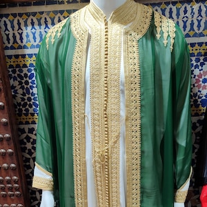 Emerald Green Moroccan Jabador: 3-Piece Gold Embroidered Kaftan Set