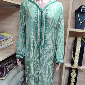 Handmade Mint Green Moroccan Jellaba: Embroidered Caftan Dress