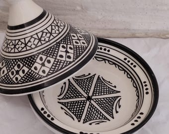 Handcrafted Moroccan Ceramic Tagine Black White Hand Painted Serving Dish Traditional Fez Pottery