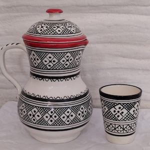 black and white ceramic carafe, Water Carafe Set, handmade carafe, pottery carafe with lid, carafe and cup, artisanat marocain, moorish art