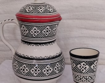 Handmade Moroccan Ceramic Carafe Set: Black & White Fez Pottery