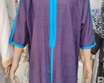 Royal Purple Moroccan Kandoura: Turquoise Embroidered Mens Gandoura