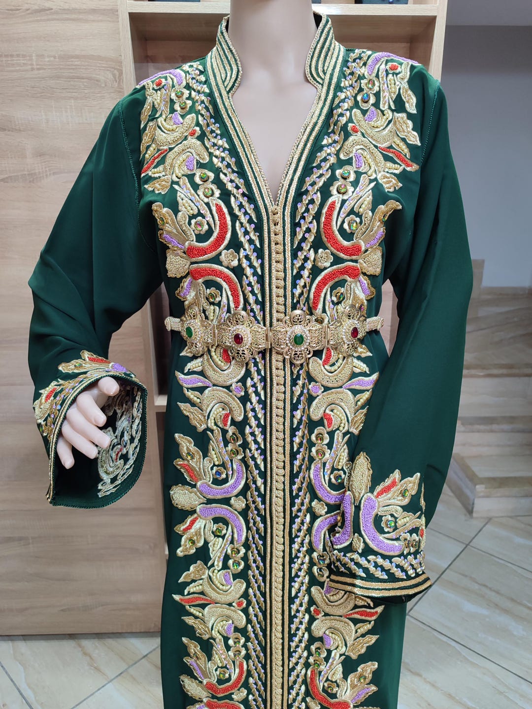 Emerald Green Moroccan Kaftan: Sfifa Embroidery, Plus Size Wedding ...