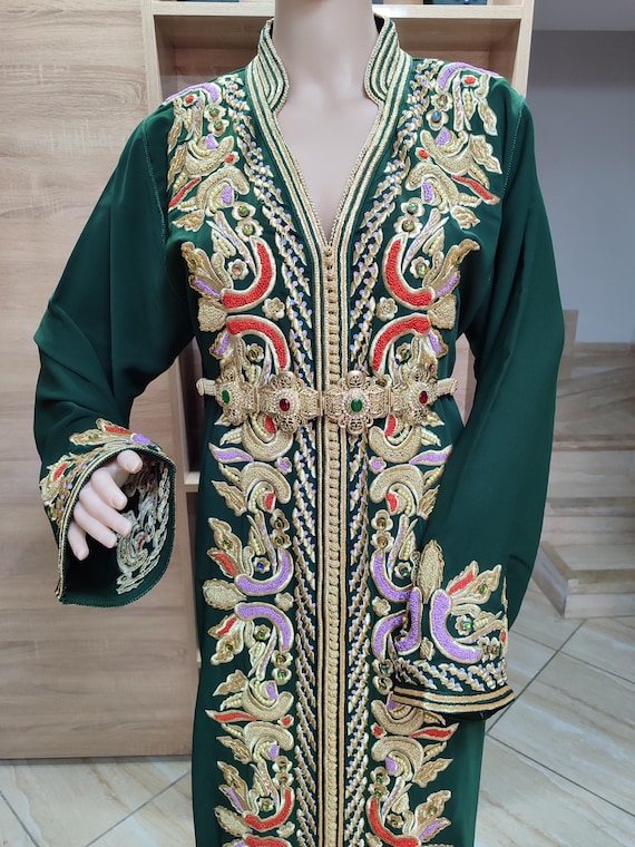 Emerald Green Moroccan Kaftan: Sfifa Embroidery, Plus Size Wedding