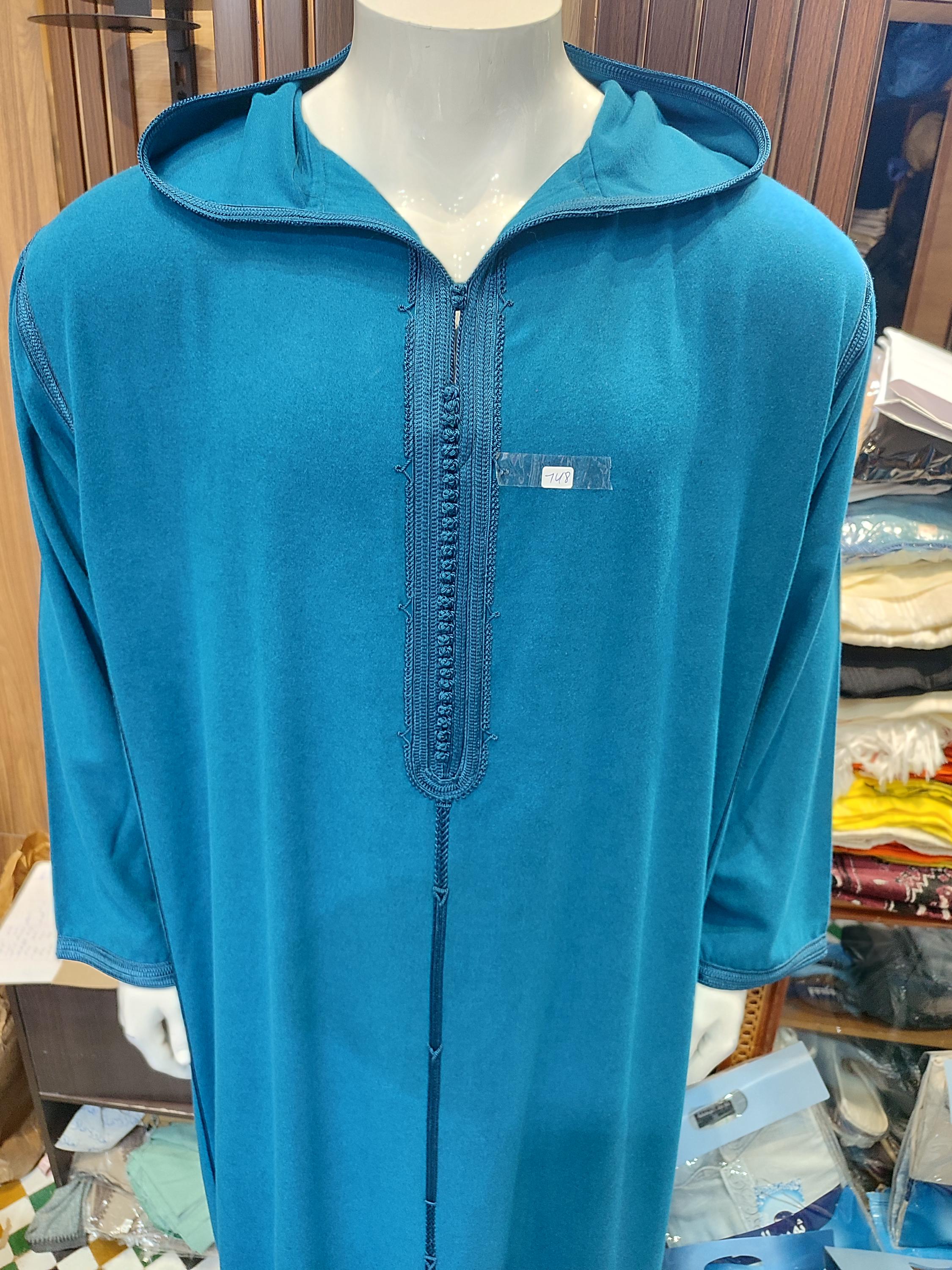 Men Moroccan Djellaba Blue Turquoise Hooded Cotton Melifa Thobe