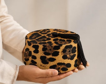 Custom Leopard Print Fez Hat | Handmade Moroccan Tarboush, Black Tassel