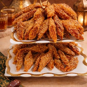 Experience the artistry of moroccan sweets with these Handmade Fes Honey Sesame Pastries, locally known as Lsan Lasfour (bird tongues). These delicate, bite-sized moroccan cookies are meticulously shaped by skilled artisans, then fried and soaked in fragrant honey. Topped with toasted sesame seeds, they offer a perfect balance of sweetness and texture. Ideal as ramadan treats or eid sweets, these halal desserts showcase the rich culinary heritage of moroccan tradition.