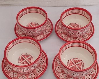 Moroccan Red Ceramic Bowl Plate Set | Handmade Fes Pottery | Geometric Dinnerware