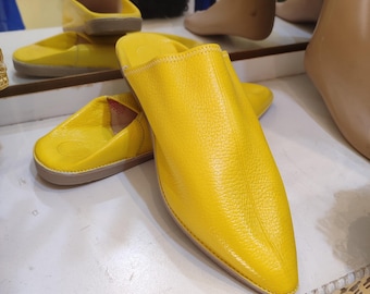 Bright Yellow Babouche Slippers | Moroccan Leather Shoes | Handmade Mules