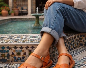 Handmade Leather Sandals Women Brown | Ankle Strap Flat Sandals | Moroccan Buckle Sandals