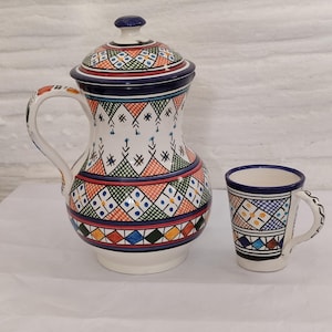 Handmade Moroccan Ceramic Water Carafe Set: Traditional Fez Pottery
