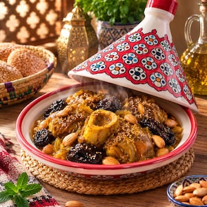 Könnte beinhalten: Eine Keramik-Tajine mit einem konischen Deckel, der ein rot-weiß-blaues Blumenmuster aufweist. Die Basis enthält einen Eintopf aus Fleisch, Pflaumen und Mandeln, wobei Dampf aus dem Gericht aufsteigt. Die Tajine steht auf einer geflochtenen Matte.