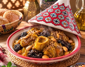 Moroccan Ceramic Tagine Serving Dish | Hand Painted 4 Colors | Custom Size Color Design | Food Safe Housewarming Gift