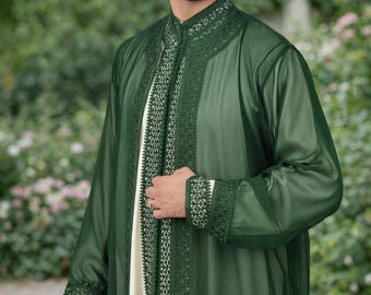 Moroccan Kaftan Men Green Blue | 3 Piece Nikah Wedding Groom Outfit | Sheer Embroidered Jabador | Custom Size Islamic Clothing