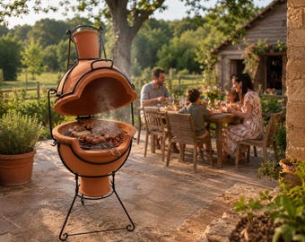 Moroccan Clay BBQ Grill Outdoor | Handmade Terracotta Fire Pit | Iron Stand Metal Grate | Traditional Charcoal Wood Smoker