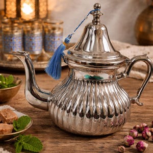 May include: A silver-coloured, ribbed teapot with a curved spout and handle, decorated with a blue tassel. The teapot is on a wooden surface, with small dishes of mint and sugar cubes, and dried rosebuds. The background includes lanterns and glasses.