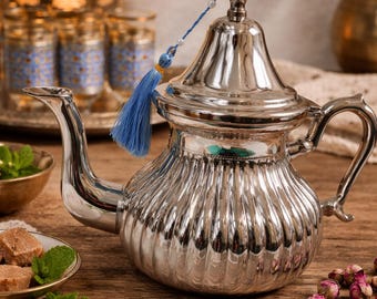 Moroccan Silver Teapot Handmade, Traditional Mint Tea Kettle 1L, Authentic Fez Tea Set, Moroccan Tea Glasses Set, Ramadan Eid Gift