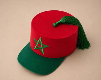 Moroccan Football Fan Fez Hat Red Green | Morocco Soccer Tarboush | Embroidered Star Cap | Custom Size | World Cup Gift