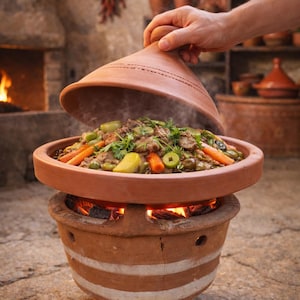 May include: A terracotta tagine pot, with the lid being lifted to reveal a steaming stew of meat, vegetables, and olives. The pot sits over glowing embers, suggesting slow cooking. The background features a rustic kitchen setting, with a fireplace.