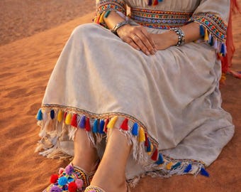 Moroccan Babouche Slippers Women | Handmade Leather House Shoes | Berber Pom Pom Slippers