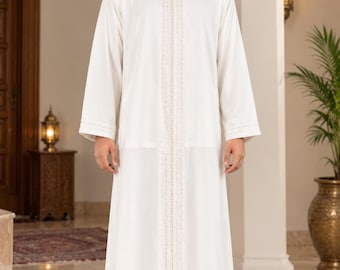 Moroccan Jabador White Tonal | 3 Piece Nikah Groom Wedding Outfit | Embroidered Kaftan Mens | Custom Size Islamic Clothing