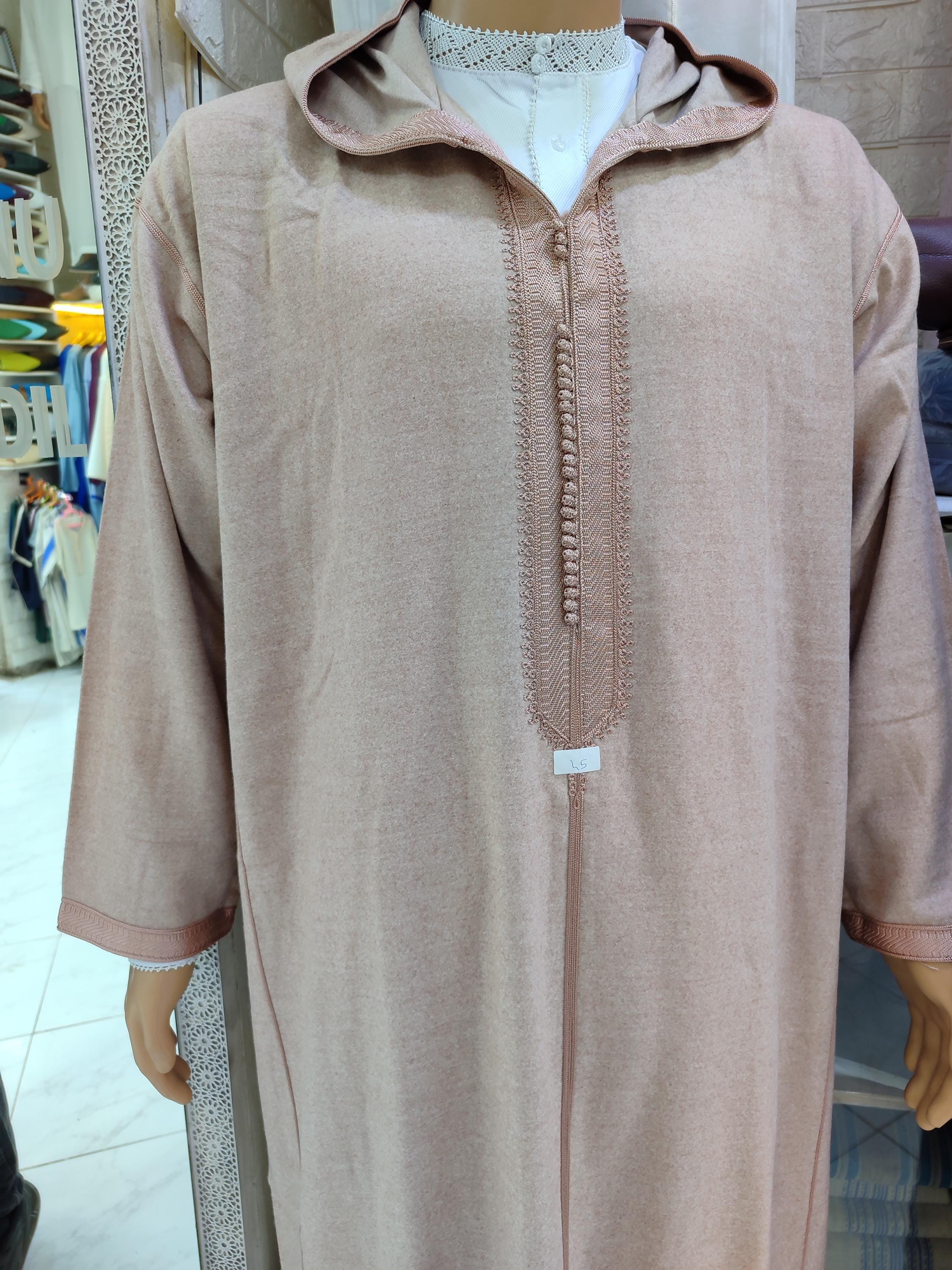 Beige Pink Moroccan Djellaba Men | Hand Embroidered Hooded Thobe