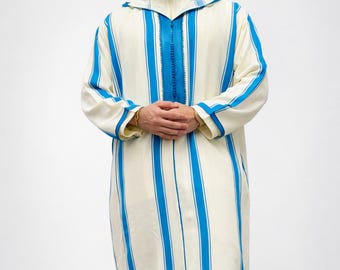 Moroccan Djellaba Men White Green | Handmade Hooded Thobe
