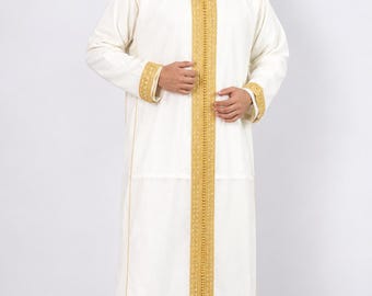 Nikah Outfit Men Moroccan | Wedding Kaftan Ivory Gold | Groom Outfit Arabic Thobe | Henna Jabador Nikkah Gown 3 Piece Set