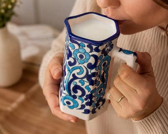 Moroccan Ceramic Pitcher Blue White | Hand Painted Water Jug 1L | 4 Designs Lead Free Food Safe | Housewarming Kitchen Gift