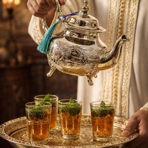 Puede incluir: Un juego de té plateado con diseños intrincados vierte té en cuatro vasos sobre una bandeja dorada. Cada vaso contiene té y hojas de menta. El juego incluye una tetera y una bandeja.