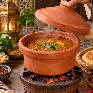 May include: A terracotta tagine pot with a conical lid held slightly open, revealing a steaming stew containing chickpeas, herbs, and lemon slices. The cooking vessel sits atop a traditional charcoal brazier with glowing red embers visible.