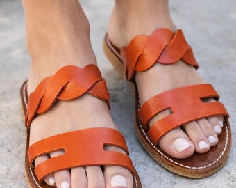 Handmade Moroccan Leather Sandals for Women | Orange Artisan Flat Sandals | Genuine Leather Summer Shoes