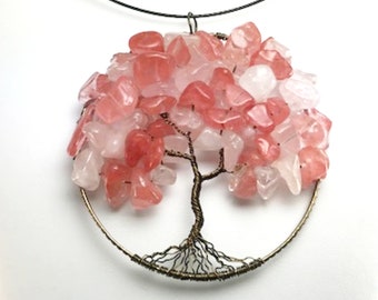 Tree of Life - Wire Wrapped Pendant or Suncatcher, Very Large, Cherry Blossom with Rose Quartz, Cherry Quartz